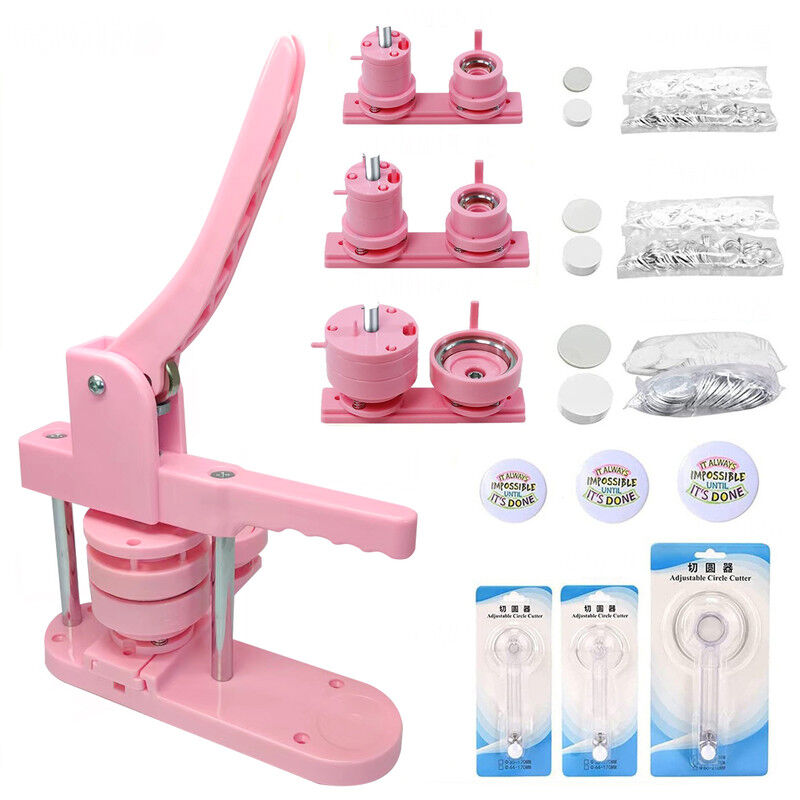 foto del prodotto dewin macchina per la creazione di bottoni fai da te 25mm 32mm 58mm punzonatrice per badge con 300 parti di bottoni rosa 