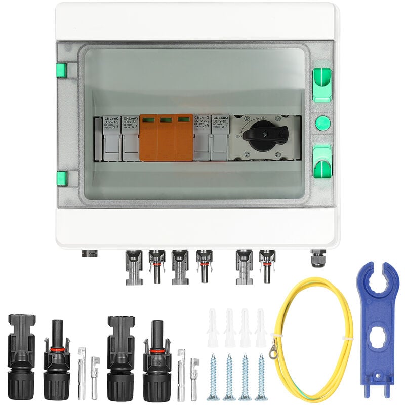 foto del prodotto dewin scatola combinatrice solare fotovoltaica scatola di distribuzione in plastica impermeabile per esterni 2 in 1 su 2 stringhe 1000v 32a per