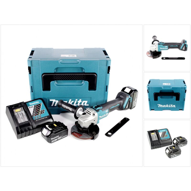 foto del prodotto dga 506 rfj smerigliatrice angolare a batteria 18v 125mm brushless 2x batterie 3,0ah caricabatterie valigetta makpac makita