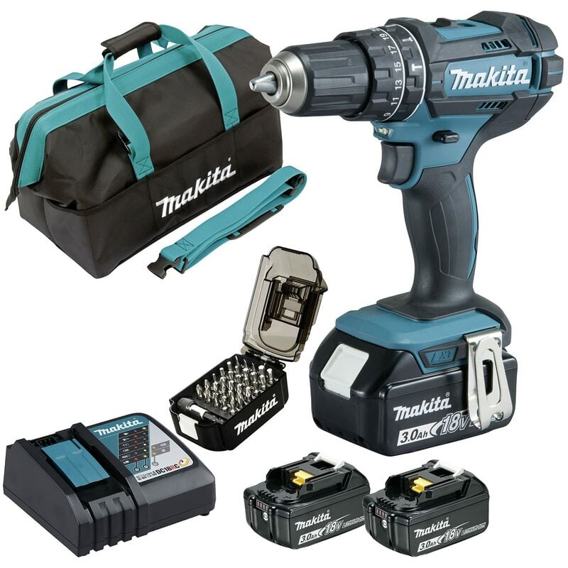 foto del prodotto dhp482rfx3 trapano avvitatore a percussione 3 batterie 18 v 3 ah li ion cofanetto accessori borsa per il trasporto makita