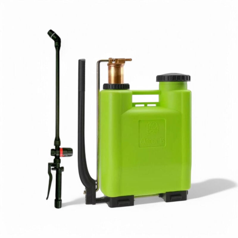 foto del prodotto di martino pompa irroratrice a spalla zaino 15 lt. verde con avviamento manuale e regolatore di pressione e pompante in ottone garden