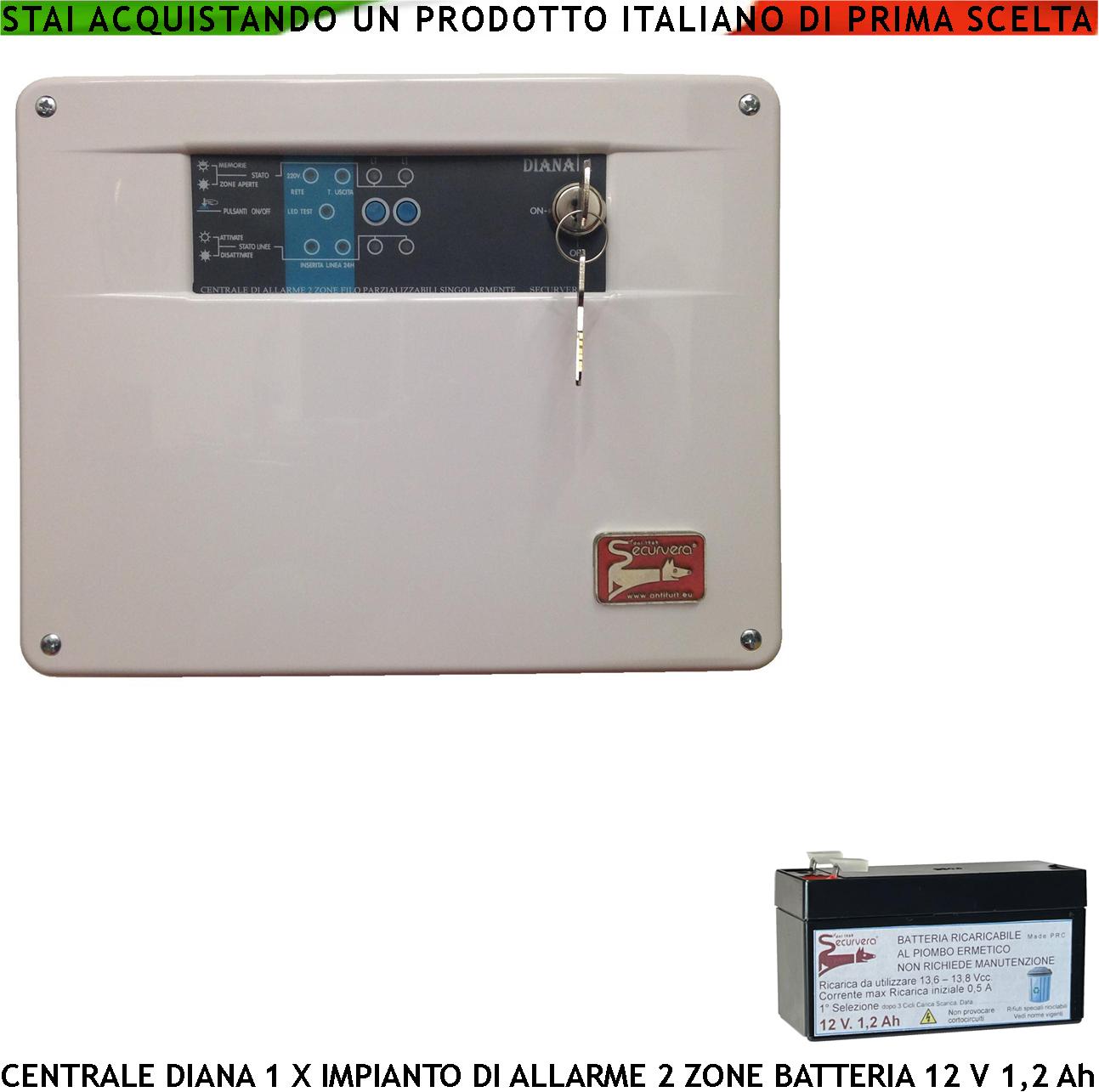 foto del prodotto diana 2 zone centrale allarme batteria 12 v 1,2 ah per impianto antifurto filo 2 chiavi meccaniche gestisce rilevatori ingresso per comando remoto o telegestione uscita sirene combinatore fumogeni
