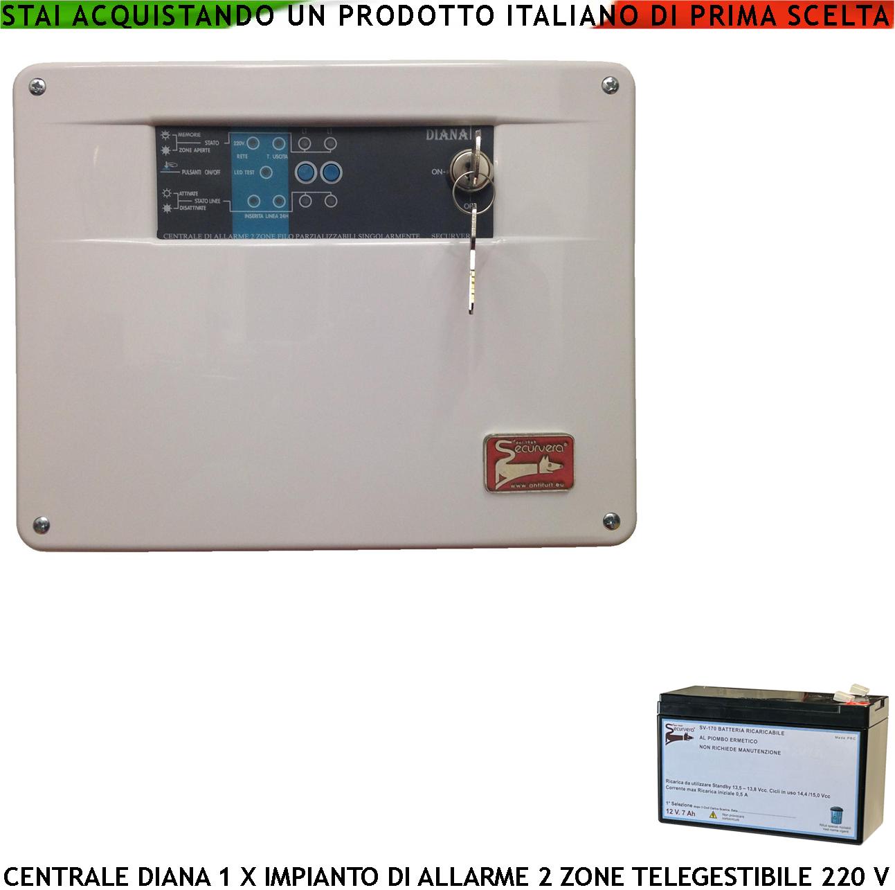 foto del prodotto diana 2 zone centrale allarme batteria 12 v 7 ah per impianto antifurto filo 2 chiavi meccaniche gestisce rilevatori ingresso per comando remoto o telegestione uscita sirene combinatore fumogeni