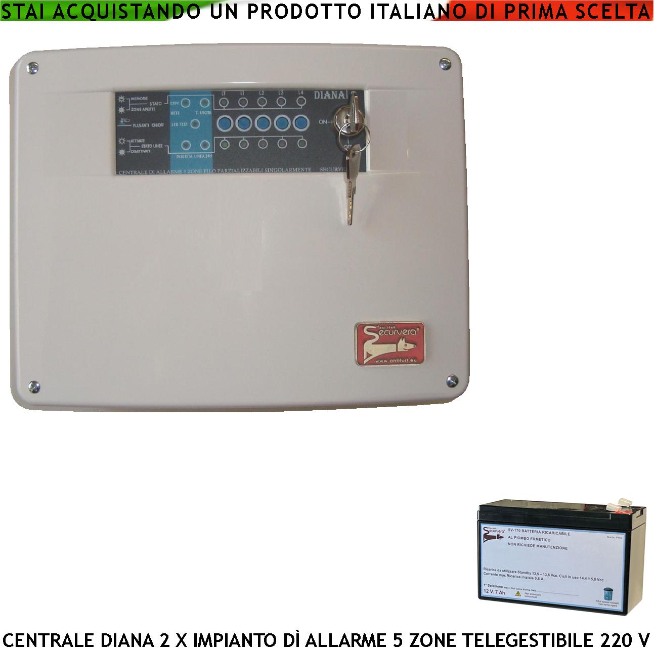 foto del prodotto diana 5 zone centrale allarme batteria 12 v 7 ah per impianto antifurto filo 2 chiavi meccaniche gestisce rilevatori ingresso per comando remoto o telegestione uscita sirene combinatore fumogeni