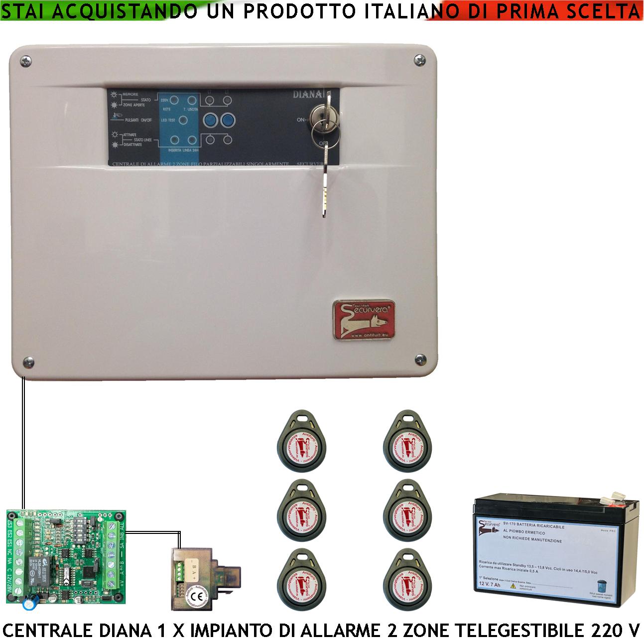 foto del prodotto diana centrale 2 zone allarme 6 chiavi tag 2 meccaniche batteria 12 v 7 ah per impianto antifurto filare. gestisce sensori con comando remoto per telegestione uscita sirene combinatore sos telecamere