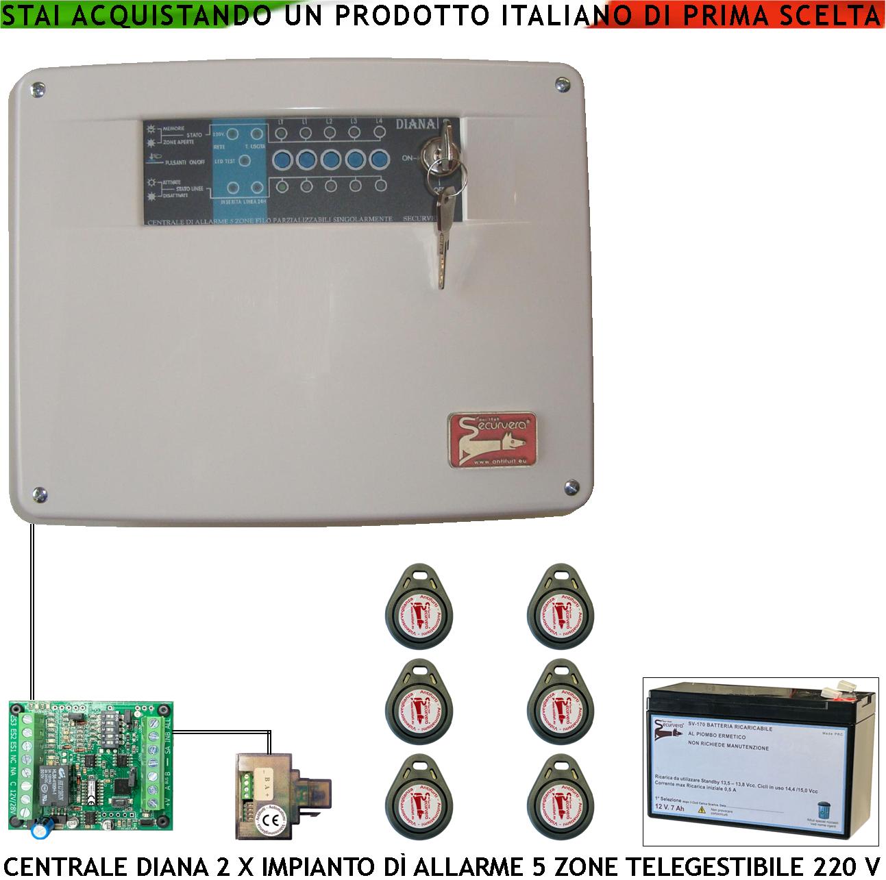 foto del prodotto diana centrale 5 zone allarme 6 chiavi tag 2 meccaniche batteria 12 v 7 ah per impianto antifurto filare. gestisce sensori con comando remoto per telegestione uscita sirene combinatore sos telecamere