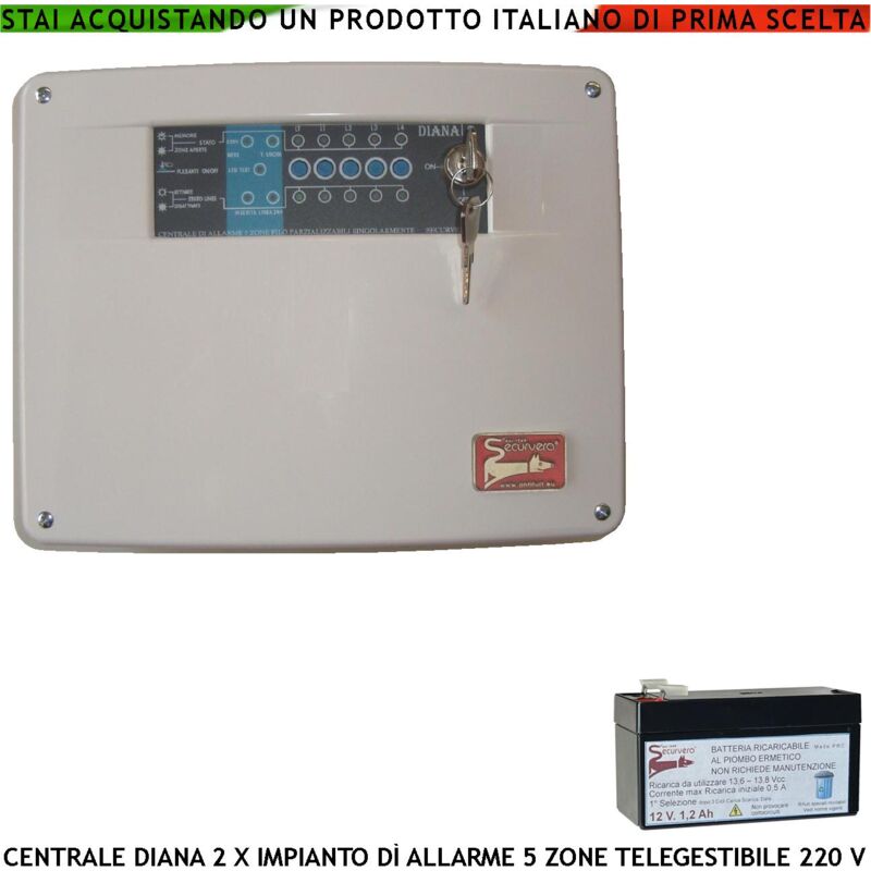 foto del prodotto diana centrale 5 zone allarme chiave meccanica batteria 12 v 1,2 ah per impianto antifurto filare. gestisce sensori ingresso per comando remoto o