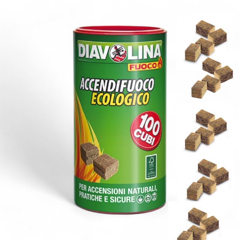 foto del prodotto diavolina accendigrill ecologico 100 cubi a base di legno e paraffina per grill e bbq senza odori da fonti rinnovabili fsc