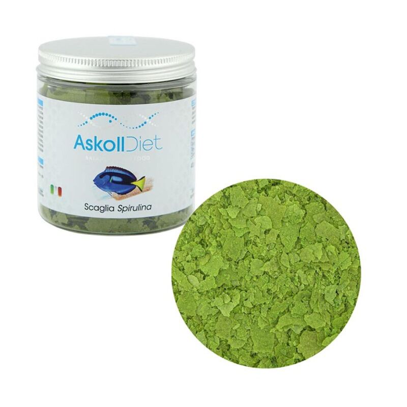 foto del prodotto diet scaglia spirulina alimento completo per tutti i pesci ornamentali di acqua marina formato 250 ml askoll