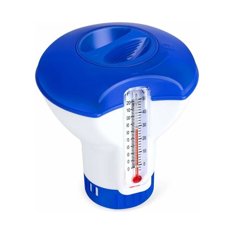 foto del prodotto diffusore di cloro per piscina con termometro, erogatore galleggiante automatico, dosatore di cloro per piscina da 5 pollici, erogatore chimico per