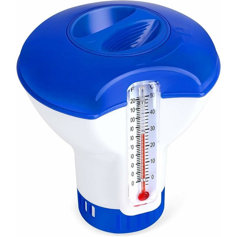 foto del prodotto diffusore di cloro per piscina con termometro, erogatore galleggiante automatico, dosatore di cloro per piscina da 5 pollici, erogatore chimico per