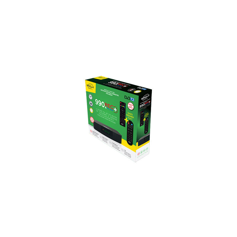 foto del prodotto digiquest dgq990 hd plus decoder digitale terrestre dvb t2 full hd rec con display e doppio telecomando di cui uno con tasti grandi 2 in 1 funzione