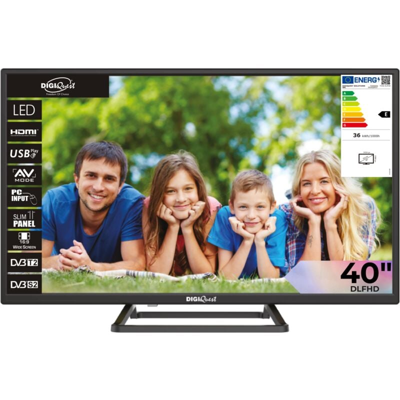 foto del prodotto digiquest tv led 40 dhlr, hd ready, 12v certificato tiv sat doppio tuner dvb t2, dvb s2 mediaplayer, funzione cec, base centrale ideale per camper