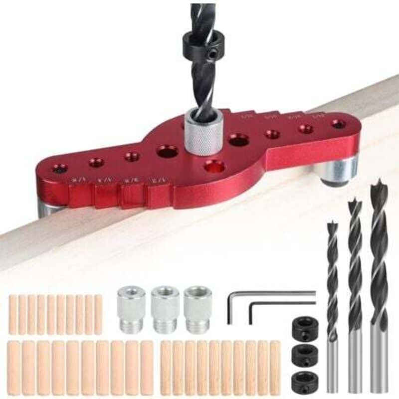 foto del prodotto dima di foratura verticale, localizzatore di fori da 6 8 10 mm per lavorazione del legno, kit di tasselli autocentranti, guida di foratura dritta per
