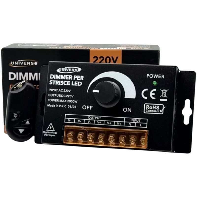 foto del prodotto dimmer 220v per strisce led monocolore 3 uscite, regolazione con manopola e telecomando