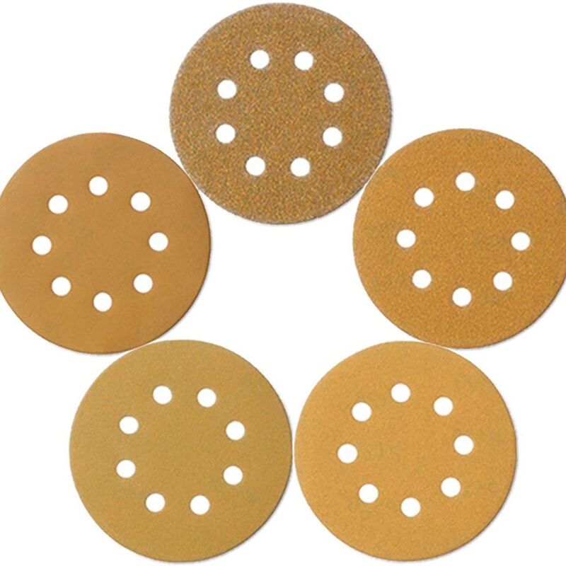 foto del prodotto dischi abrasivi con gancio e anello a 8 fori da 125 mm 100 pezzi, carta vetrata mista a grana 60 80 120 240 320, dischi per levigatrice orbitale,