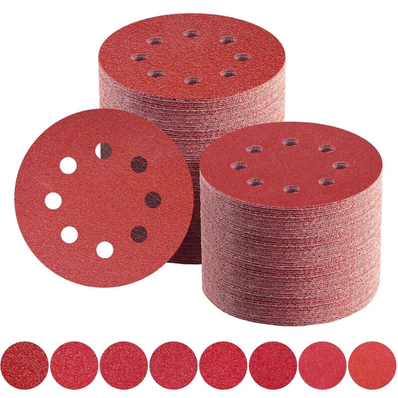 foto del prodotto dischi abrasivi da 125 mm, grana mista 40 60 80 100 120 150 180 240, carta vetrata, 80 pezzi, dischi abrasivi a 8 fori per levigatrice orbitale.