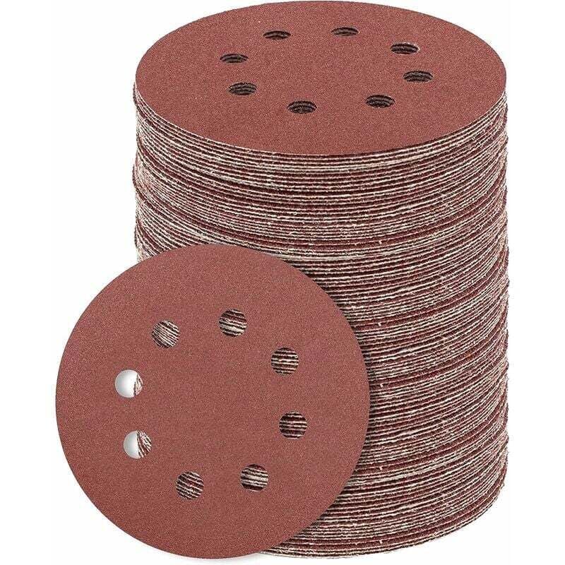 foto del prodotto dischi abrasivi rotondi da 100 pezzi 5 pollici 8 fori 120 grane per levigatrice orbitale casuale finitura mobili in legno rettifica metalli
