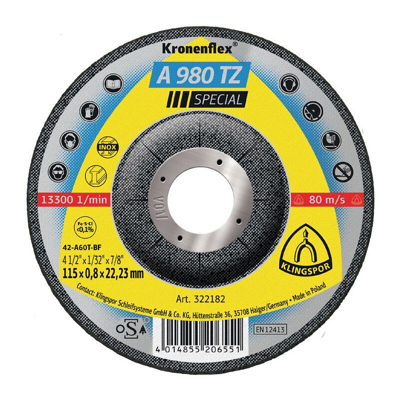 foto del prodotto disco da taglio a 980 tz special d115x0,8mm curvo inox foro 22,23mm klingspor per 25 