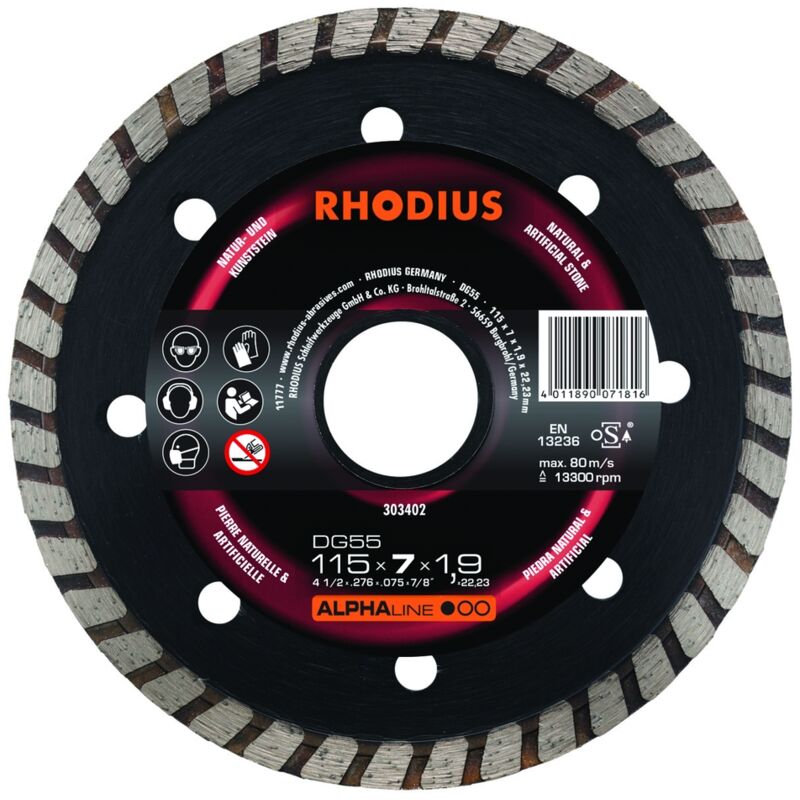 foto del prodotto disco da taglio diamantato alphaline dg55 115 x 7,0 x 1,9 x 22,23 mm rhodius