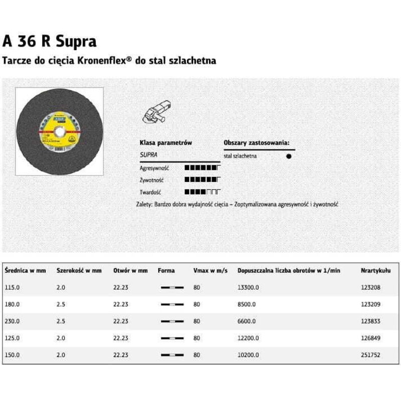 foto del prodotto disco da taglio per metalli klingspor 125mm x 2.0mm x 22.2mm a36r supra inox
