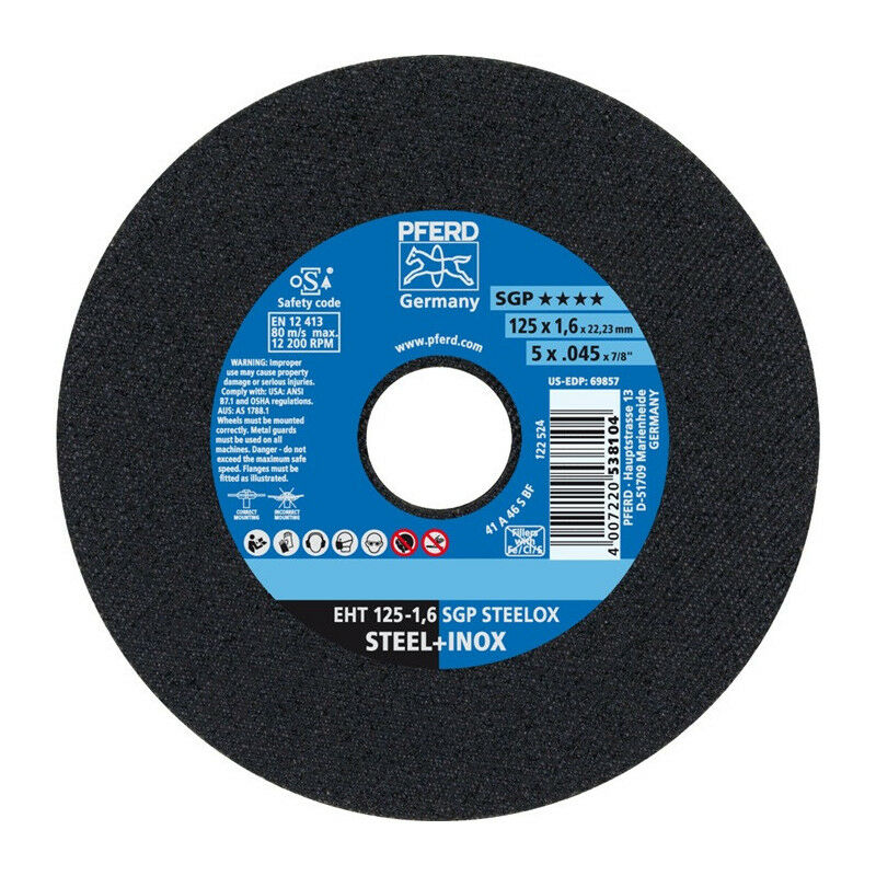 foto del prodotto disco da taglio sgp steelox d125x1.6mm dritto inox trapano 22.23mm pferd per 25 