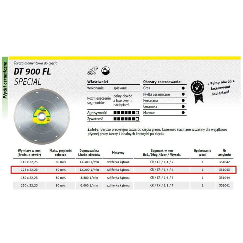 foto del prodotto disco diamantato completo klingspor 125mm x 1,4mm x 22,2mm dt900fl supra, gres, speciale, asciutto, bagnato