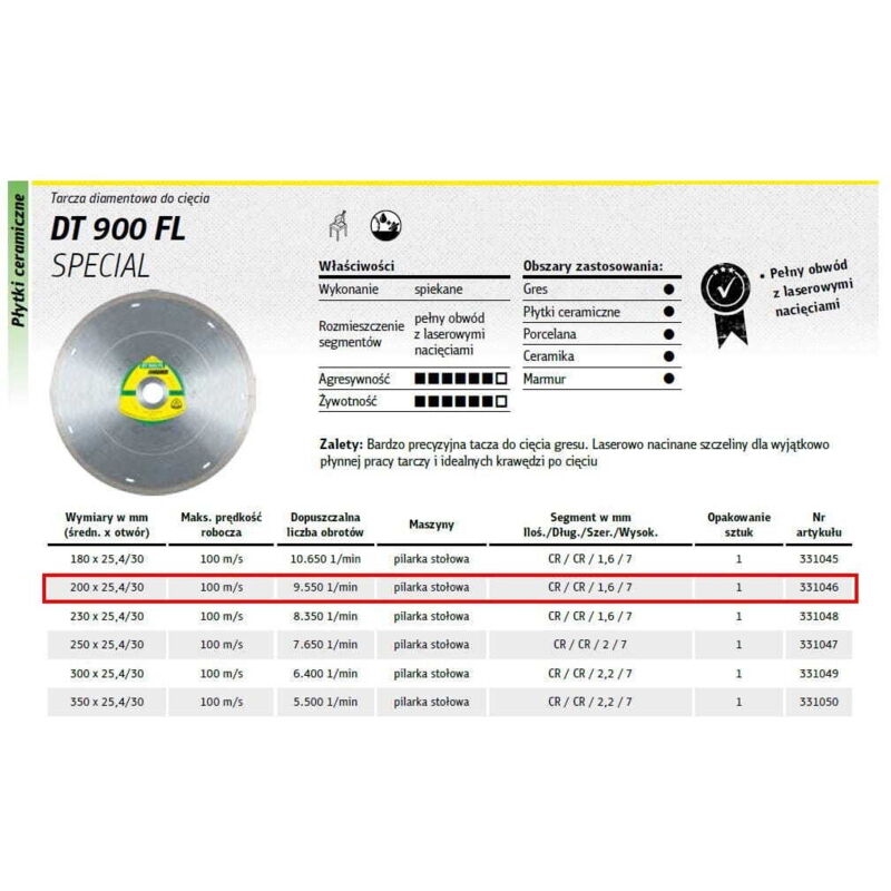 foto del prodotto disco diamantato klingspor completo 200mm x 1,6mm x 30mm dt900fl supra, gres, speciale, asciutto, bagnato