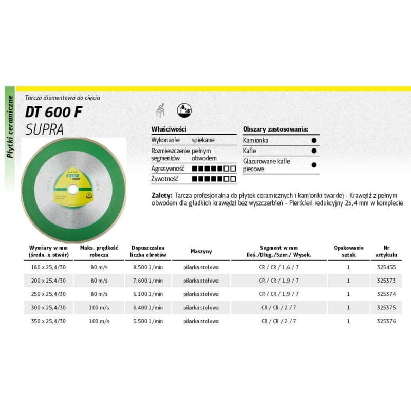 foto del prodotto disco diamantato klingspor completo 250mm x 1.9mm x 30/25.4mm dt600f per ceramica