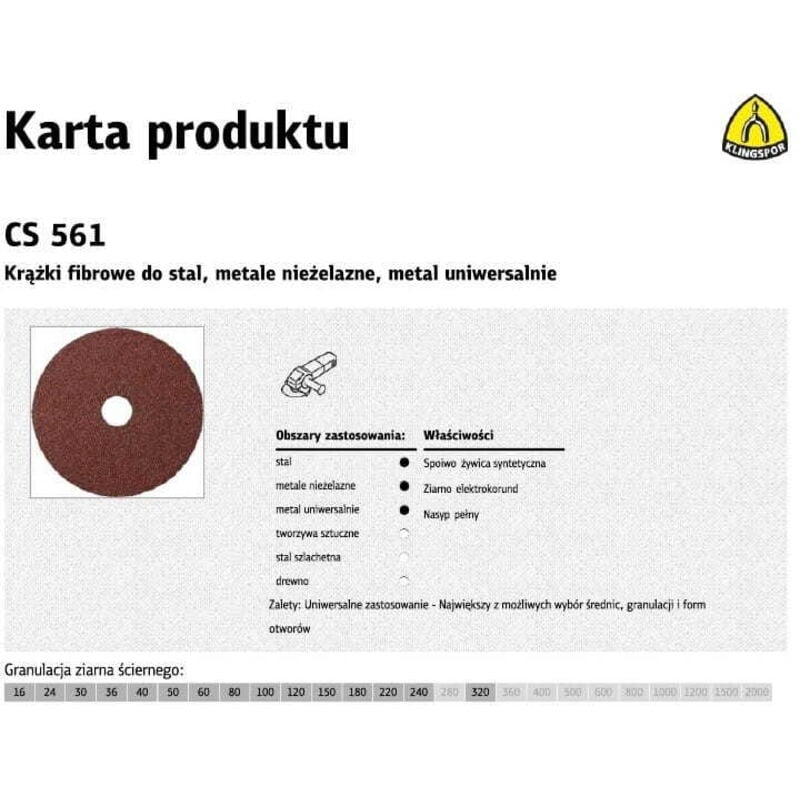 foto del prodotto disco in fibra klingspor 115mm gr. 16 cs561 25pz.