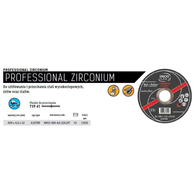 foto del prodotto disco metallico incoflex 400 x 4,0 x 32 mm zirconio professionale per acciaio alta legatura/ghisa/acciaio