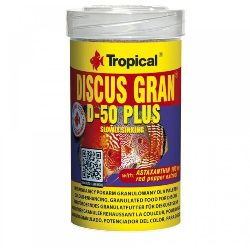 foto del prodotto discus gran d 50 plus mangime granulare con astaxantina che intensifica i colori dei discus formato 100 ml tropical