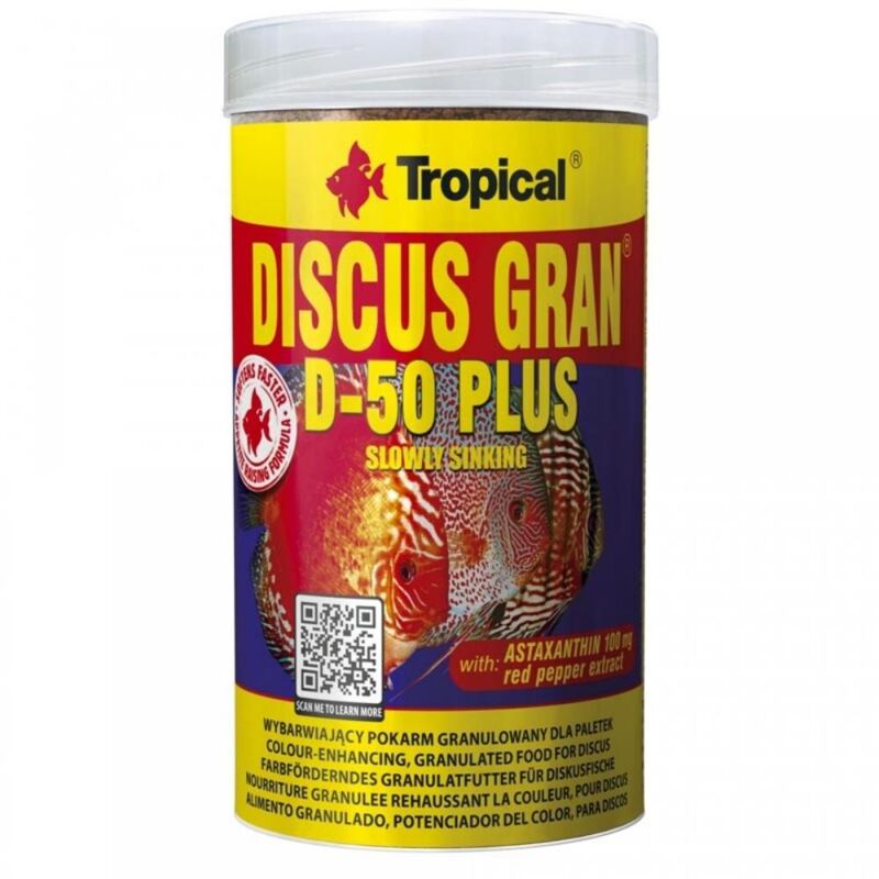 foto del prodotto discus gran d 50 plus mangime granulare con astaxantina che intensifica i colori dei discus formato 250 ml tropical