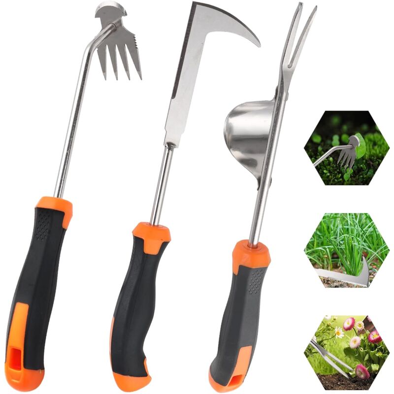 foto del prodotto diserbante manuale da 3 pezzi con impugnatura in gomma, strumento per diserbare manualmente, diserbante da giardino in acciaio inossidabile spesso,