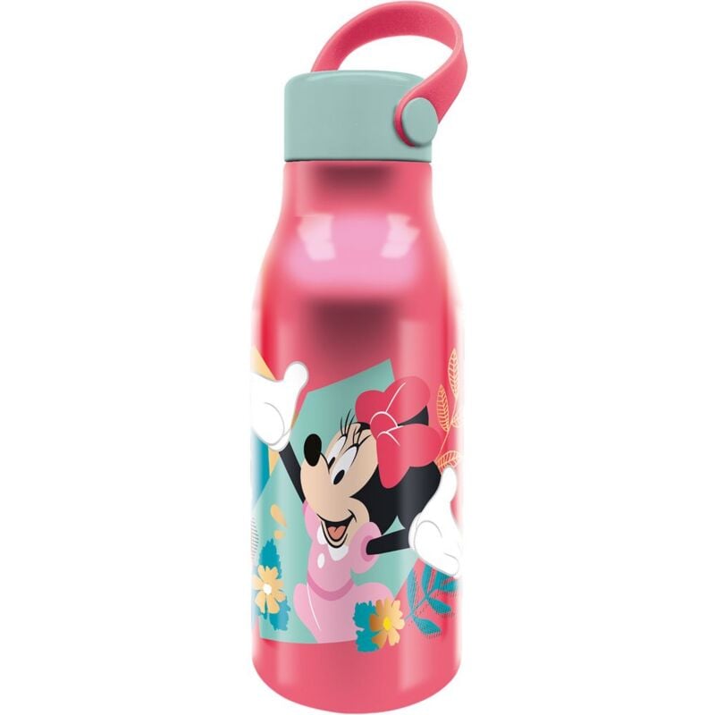 foto del prodotto disney borraccia originale minnie in alluminio per bambini da 760 ml con cappuccio con manico in silicone e coperchio con gancio.