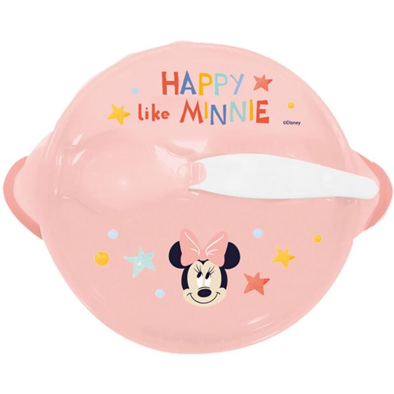 foto del prodotto disney ciotola antiscivolo con coperchio e cucchiaio minnie per bambini in plastica alimentare, adatta al microonde e riutilizzabile.