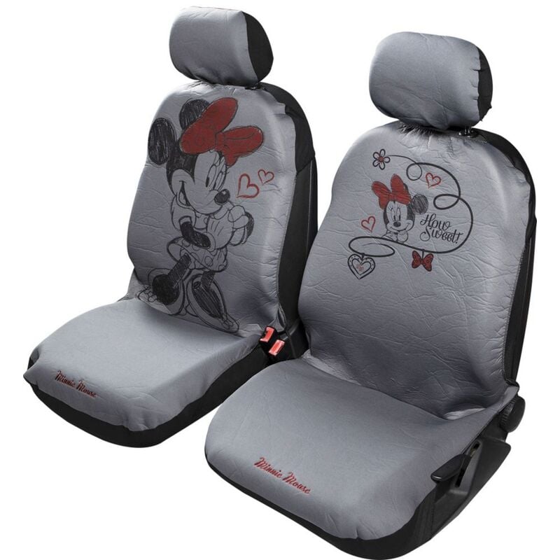 foto del prodotto disney coppia coprisedili anteriori auto minnie mouse topolina poggiatesta grigio rosso airbag compatibile universale per tutte le auto