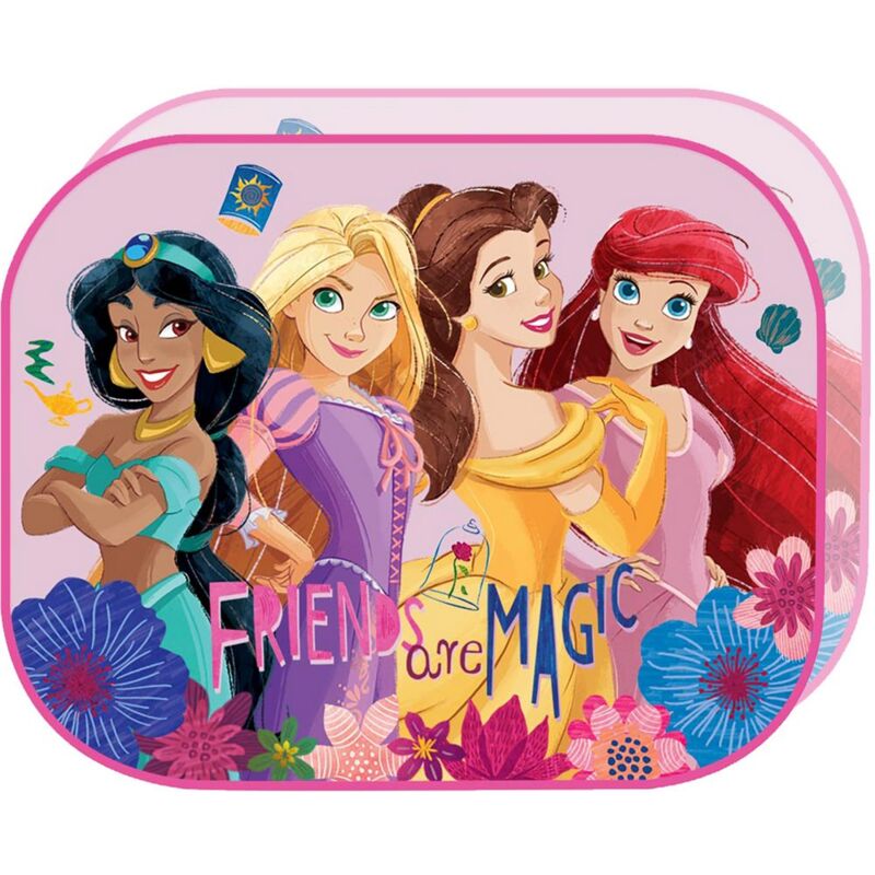 foto del prodotto disney coppia tendine laterali parasole auto principesse bambine 44 x 35 cm con grafiche jasmine rapunzel belle ariel su fondo rosa