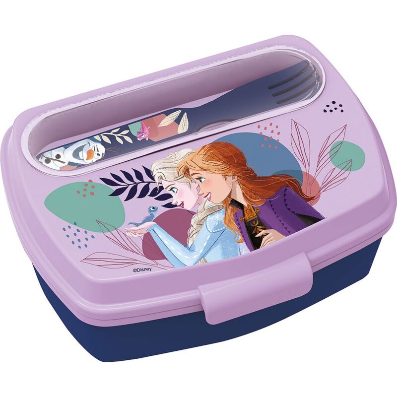 foto del prodotto disney sandwich box azzurra per bambine in plastica frozen elsa anna e olaf con cucchiaio e forchetta