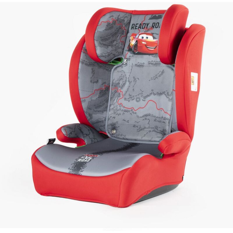 foto del prodotto disney seggiolino auto cars per la sicurezza dei bambini con altezza da 100 a 150 cm con grafiche di saetta mcqueen su fondo rosso e grigio