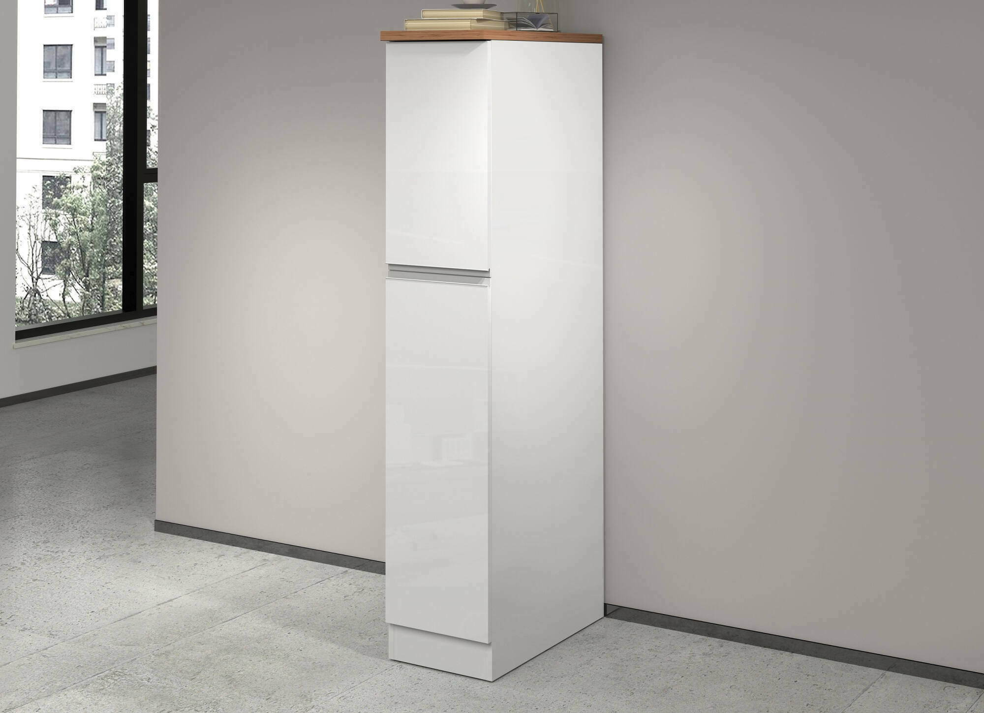 foto del prodotto dispensa da cucina atrax, mobile multiuso, armadio portaoggetti a 2 cassettoni, 100 made in italy, 30x60h165 cm, bianco lucido e rovere