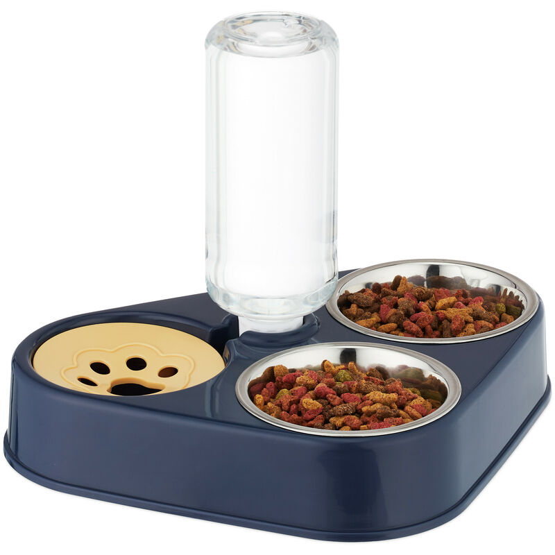 foto del prodotto dispenser acqua gatti, 2 ciotole cibo per cani piccoli, bottiglia distributore da 500 ml, abbeveratoio, blu relaxdays