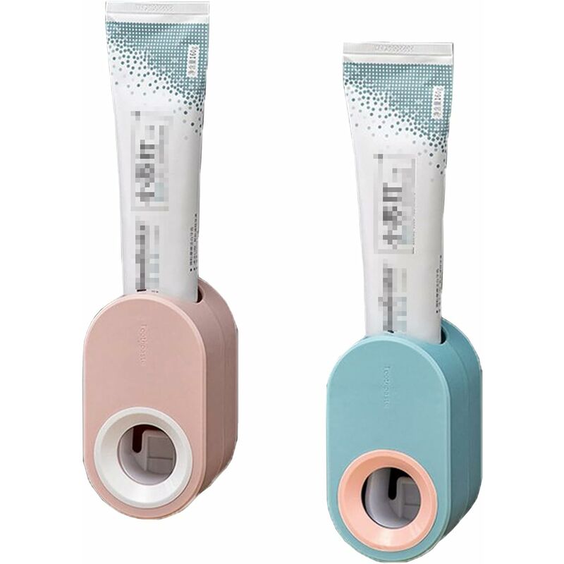 foto del prodotto dispenser automatico di dentifricio a mani libere a parete da 2 pezzi, spremiagrumi automatico per dentifricio, set di accessori per il bagno a