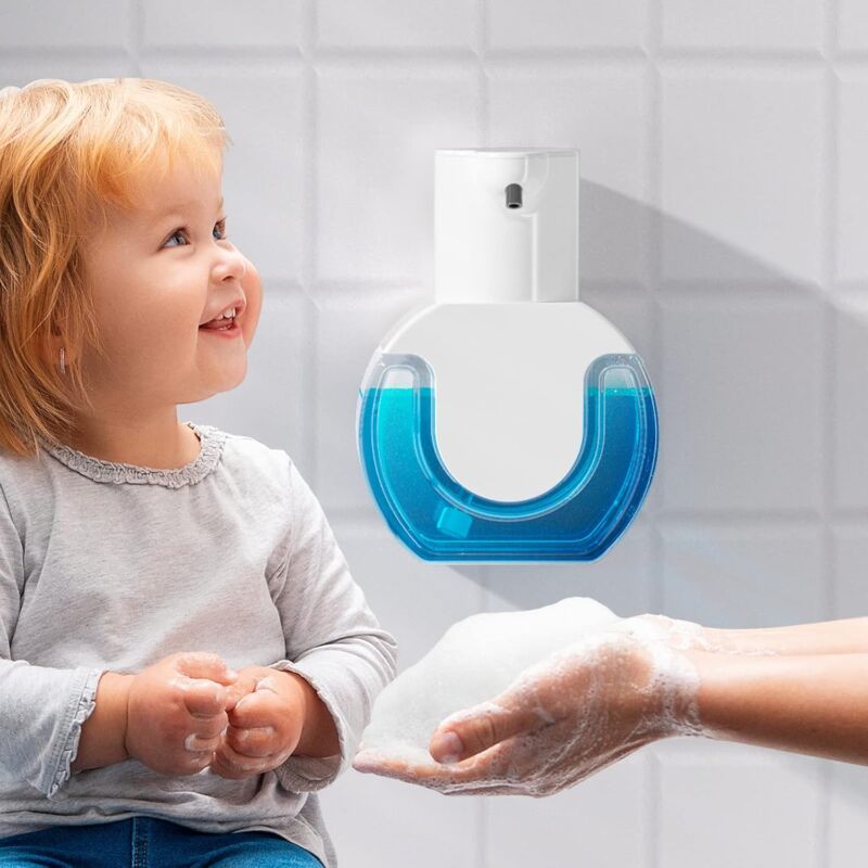 foto del prodotto dispenser di sapone automatico, set di dispenser di sapone da parete da 420 ml, ricaricabile tramite usb con sensore di movimento a infrarossi,