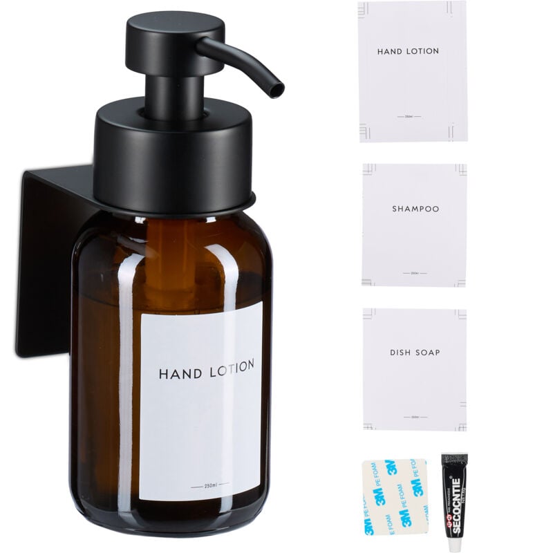 foto del prodotto dispenser di sapone da parete, 1 pz. portasapone ricaricabile da 250 ml, acciaio inox e vetro, marrone nero relaxdays