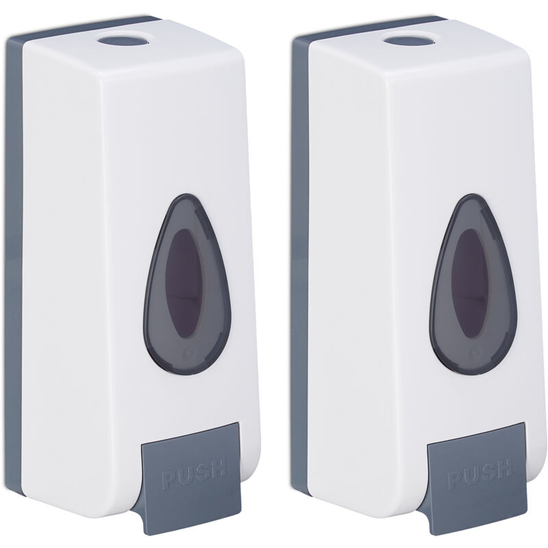 foto del prodotto dispenser di sapone da parete, set 2 portasapone ricaricabili da 350ml, hlp 19x8x8 cm, dosatore, bianco grigio relaxdays