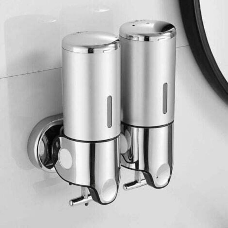 foto del prodotto dispenser di sapone fai da te da 500 ml x 2 a parete, dispenser di sapone per le mani a doppia testa, dispenser di shampoo liquido e gel doccia per