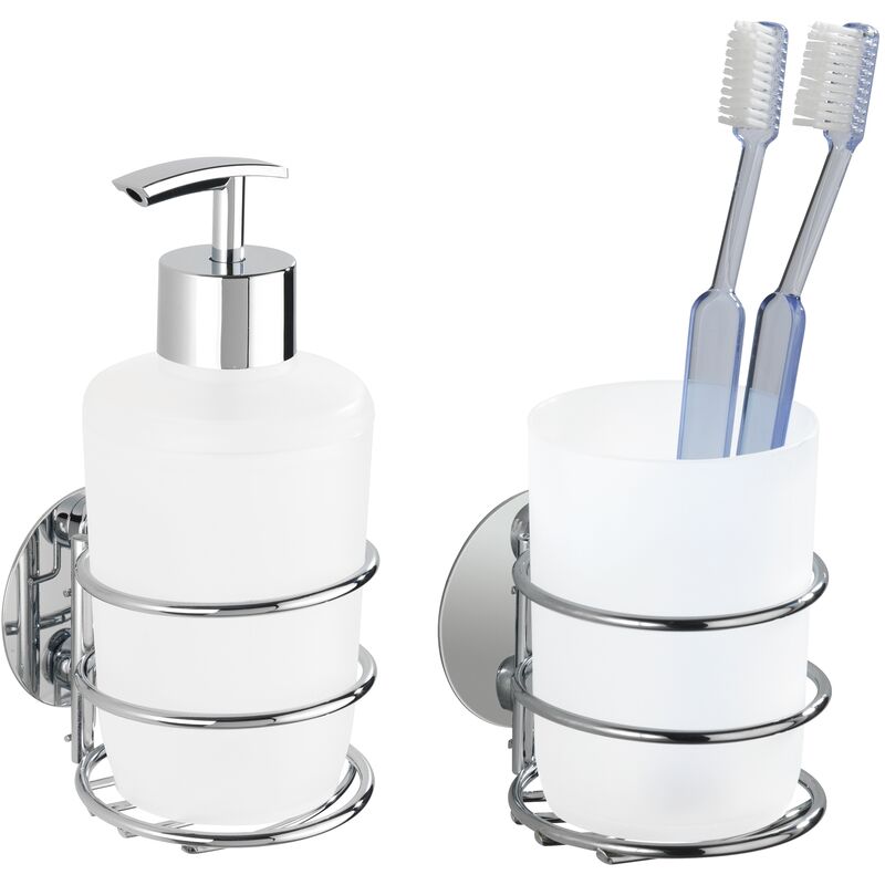foto del prodotto dispenser di sapone liquido da parete e portabicchieri per il bagno, soluzione senza foratura, innovazione power loc plus wenko