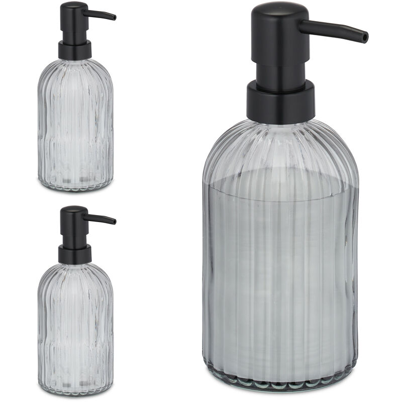 foto del prodotto dispenser di sapone liquido in vetro, set da 3, testa a pompa, ricaricabile, dosatore portasapone 400 ml, nero relaxdays