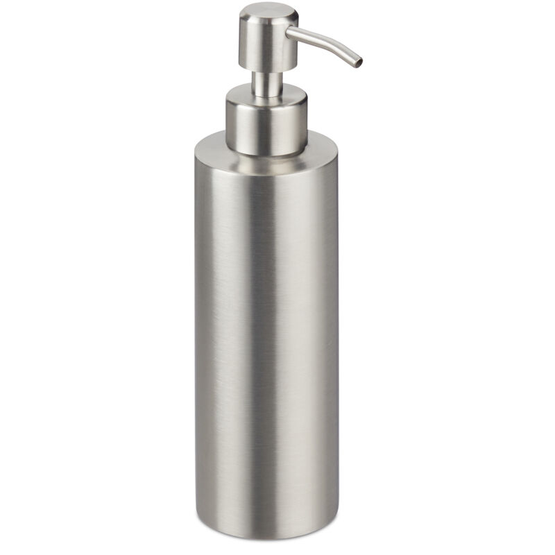 foto del prodotto dispenser di sapone liquido manuale, 300 ml, portasapone ricaricabile, accessorio bagno e cucina, argentato relaxdays